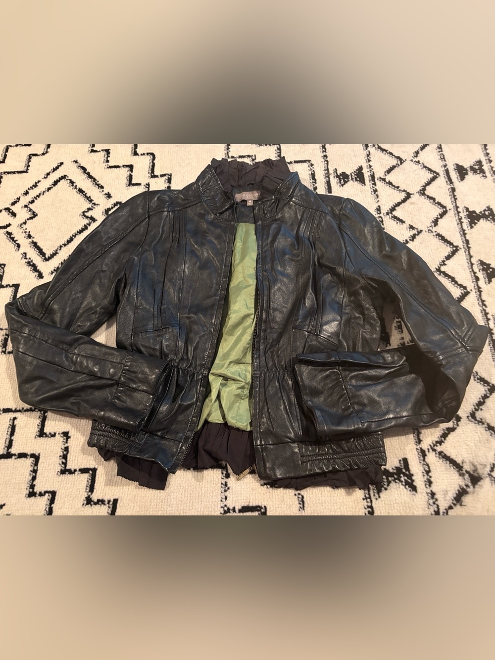 Vtg Y2K MM Couture Leather Frill Bomber Jacket- Sz. Med
